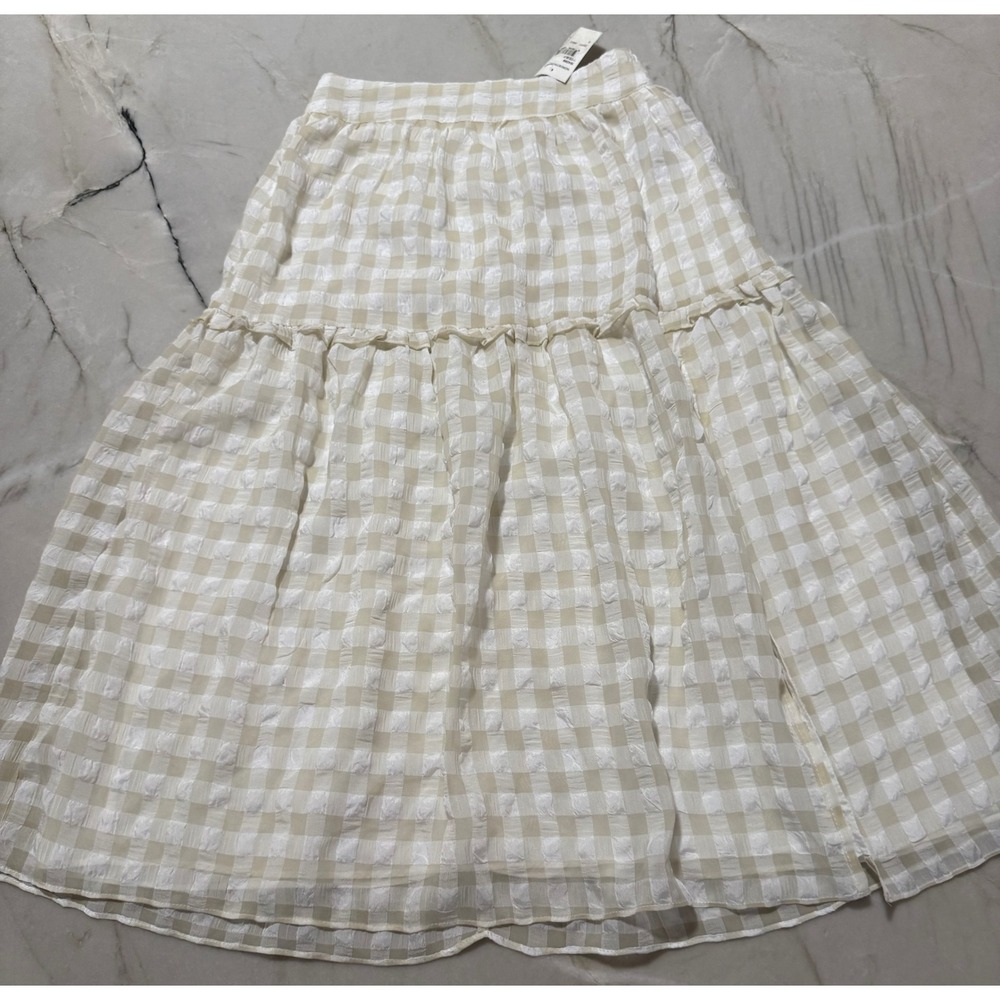 Walter Baker Cream Gingham Tiered Midi Skirt with Slit NWT Size 0